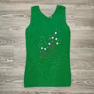 Dino Vintage Green Knitted Floral Beaded V-Neck Vest Top Size XL
